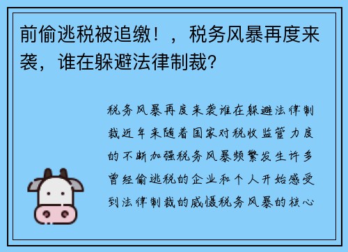 前偷逃税被追缴！，税务风暴再度来袭，谁在躲避法律制裁？