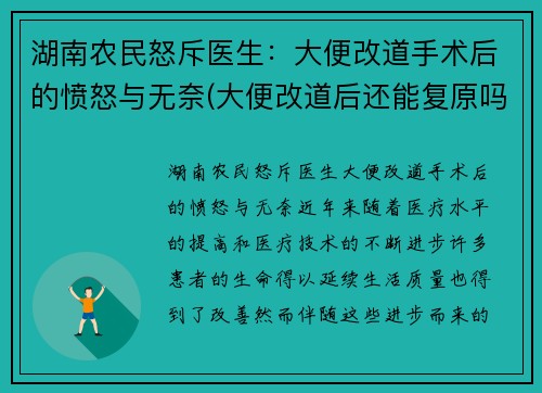 湖南农民怒斥医生：大便改道手术后的愤怒与无奈(大便改道后还能复原吗)