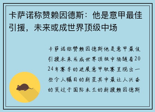 卡萨诺称赞赖因德斯：他是意甲最佳引援，未来或成世界顶级中场