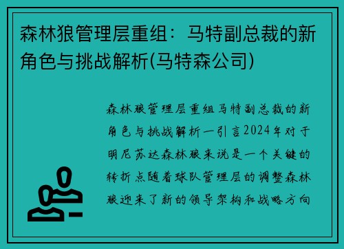 森林狼管理层重组：马特副总裁的新角色与挑战解析(马特森公司)